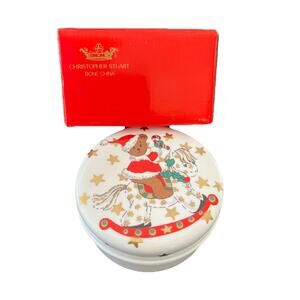 Christopher Stuart Bone China Christmas Trinket Box 5x3” Round Santabear’s Ride